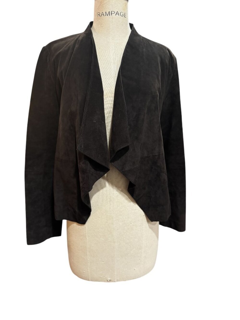 Ecru Black Suede Leather Open Front Waterfall Blazer Jacket Medium